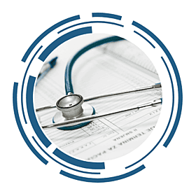 A stethoscope resting ontop of a medical document. The image is framed by a circular, futuristic design.